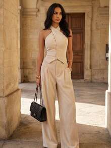 Women's Elegant Off White Halter Neck Cross Wrap Fitted Vest Top, Chic Parisian Style Top - Apricot - View 8