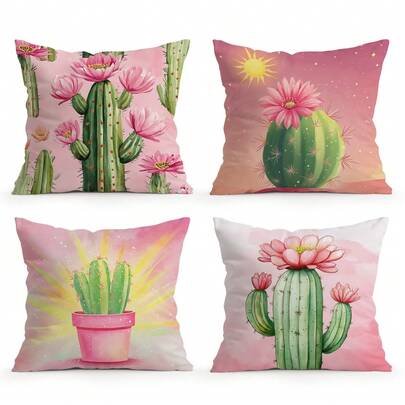 4pcs Pink Cactus Pattern Pillow Covers, Single-Sided Printed Cushion Covers, Suitable For Living Room, Bedroom, Home Decor, All Seasons