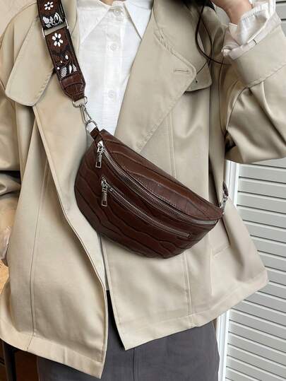 Túi xách nữ thời trang mới, túi đeo hông bằng da PU có dây xích, túi đeo ngực họa tiết da cá sấu cổ điển đa năng.