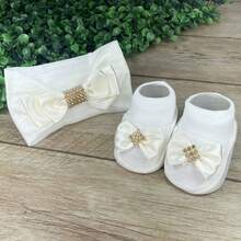 Baby Slippers And Headband Set For Newborns With Rhinestones And Assorted Bows - Beige - View 2