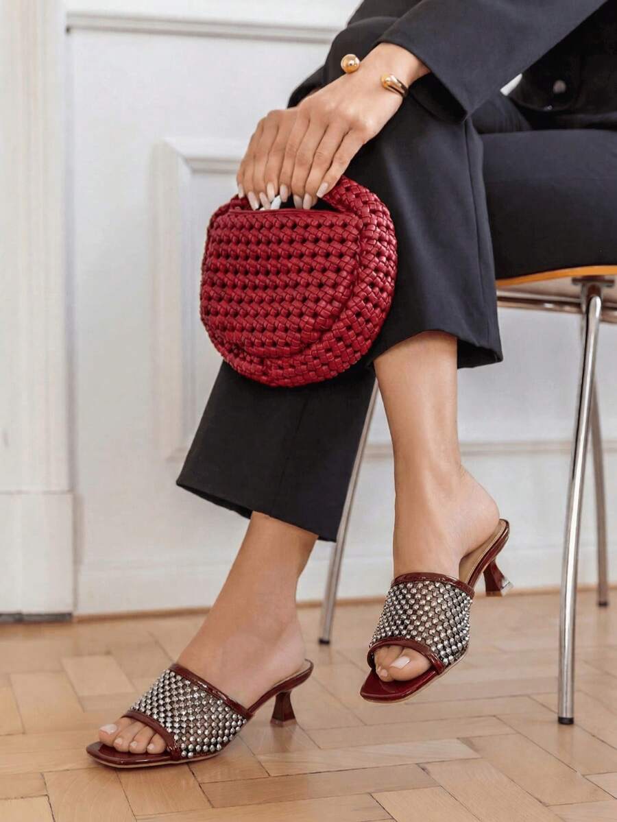 Geometric Pattern Rhinestone Embellished Open Toe Square Heel Mules - Red 2295 - View 1