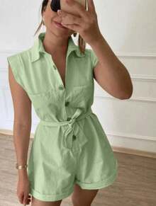 Women's Clothing/ Jumpsuit/Headband/Linen - 薄荷綠 - 查看 1