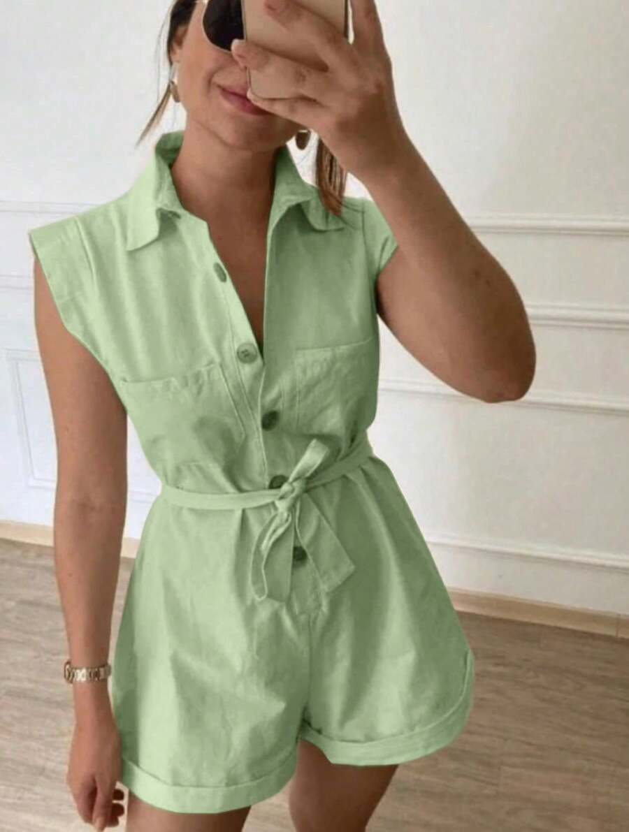 Women's Clothing/ Jumpsuit/Headband/Linen - 薄荷綠 - 查看 1