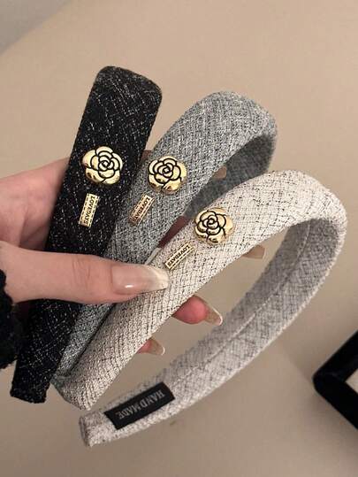 1pc Vintage Camellia & Gold-Thread Sponge Headband - High-Crown Korean Style - 3D Thickened Sponge Design (Available In Black, White, Or Gray) - Ideal For Outdoors & Daily Wear - Women's Hair Accessories & Headwear