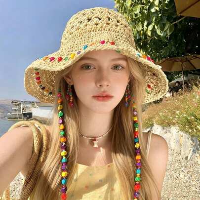 Mũ rơm đính cườm kẻ sọc phối màu phong cách Bohemian năm 2026, mũ chống nắng thủ công kiểu nông thôn có thể gấp gọn, thích hợp cho hoạt động ngoài trời, bãi biển hoặc chống tia UV.