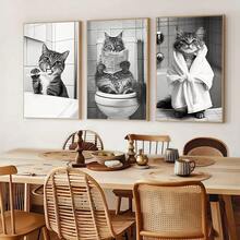3 piese de postere imprimate pe pânză cu pisici de baie, tablouri decorative abstracte moderne, potrivite pentru decorarea dormitorului, decorarea camerei de zi, coridoare, bucătării, sufragerii, băi, cafenele, birouri, apartamente, studii, cămine, decorațiuni de perete, decorațiuni interioare și decorațiuni de cameră, ceea ce le face cadouri ideale pentru prieteni. - 3 buc - Vizualizare 1