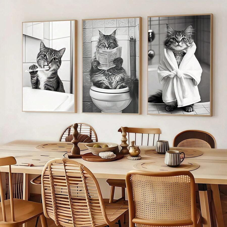 3 piese de postere imprimate pe pânză cu pisici de baie, tablouri decorative abstracte moderne, potrivite pentru decorarea dormitorului, decorarea camerei de zi, coridoare, bucătării, sufragerii, băi, cafenele, birouri, apartamente, studii, cămine, decorațiuni de perete, decorațiuni interioare și decorațiuni de cameră, ceea ce le face cadouri ideale pentru prieteni. - 3 buc - Vizualizare 1