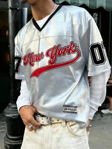 Men's Casual Summer College Style Varsity Jacket With Numeric Print, V-Neck Minimalist Short Sleeve T-Shirt - Silver - View 1