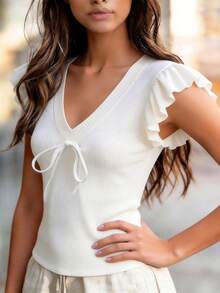 White Ribbed V-Neck Tie Ruffle Sleeve T-Shirt, Slim Fit Cropped Casual Top For Summer - White - View 2