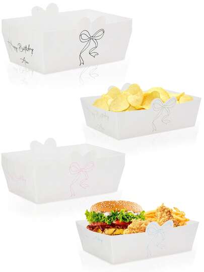10pcs/40pcs/80pcs Happy Birthday Paper Food Trays With Black Green Pink Blue Bows ,Disposable White Snack Baskets, Paper Boats For Fries, Chips, Burgers, Birthday Party Supplies For Baby-Shower & Catering Table Decorations