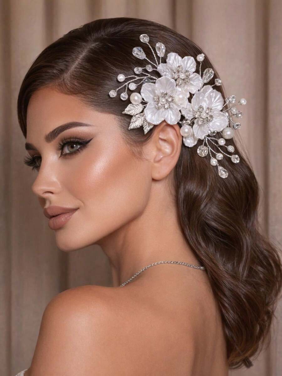 1个优雅水钻花朵新娘发夹，适合婚礼、派对、复活节等场合