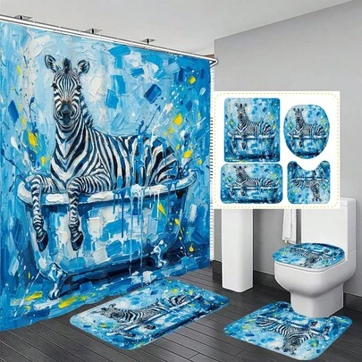1pc/4pcs Oil Painting Style Zebra Pattern Multifunctional Bathroom Decor Shower Curtain Set, Free 12 Hooks Included, Elegant Holiday Atmosphere, Bathroom Mat, U-Shaped Floor Mat And Round Toilet Mat, Suitable For All Scenarios Bathroom Set