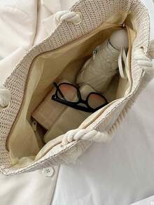 Bolso de playa de paja de gran capacidad con estilo para vacaciones de verano, bolso de hombro casual y de moda - Beis - Ver 5