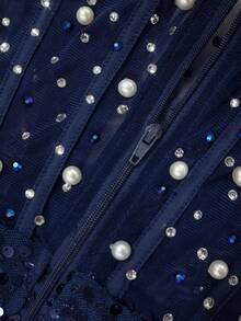 Navy Blue Sheer Mesh Rhinestone & Pearl Sweetheart Neck Fitted Short Party Dress - Blue - View 11