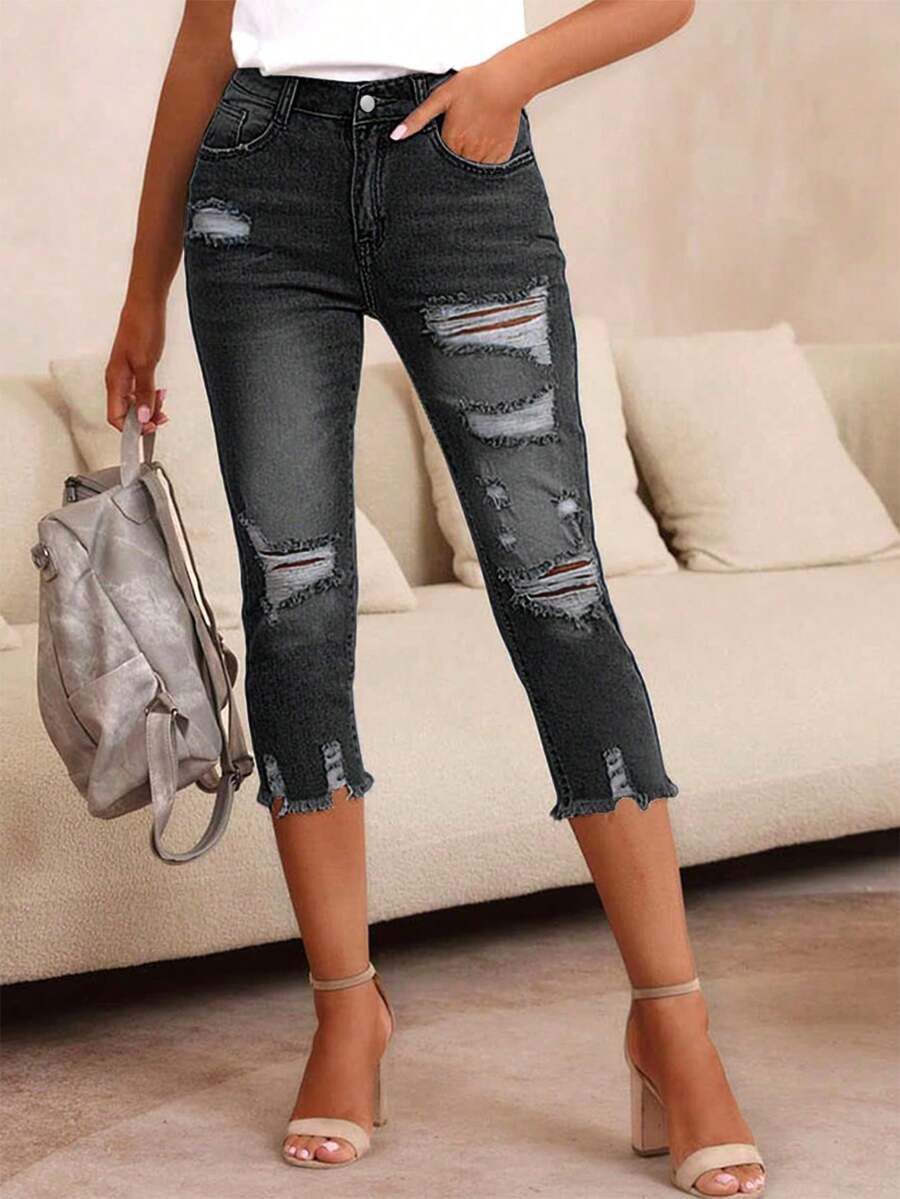 Quần jeans skinny dài đến bắp chân, rách nhẹ, phong cách thường ngày cho nữ, màu đen, thích hợp cho kỳ nghỉ xuân.