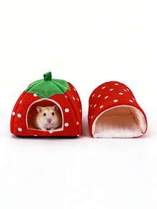 2 piezas Cama de hámster con patrón de fresa, escondite de conejo, nido cálido lavable para mascotas pequeñas con túnel para cobayas, set de accesorios de jaula de escondite para conejos, adecuado para hámsteres, hurones, conejos - Rojo - Ver 6