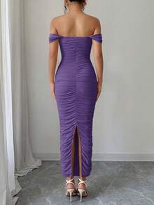 PRETTYGARDEN Women's Summer Dresses Off The Shoulder Dress Ruched Bodycon Sleeveless  Evening Elegant Dresses Wedding Guest Graduation  Cocktail Club Party Purple Maxi Dresses - 灰紫色 - 查看 2