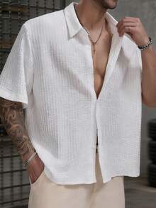 1pc Men's White Textured Plaid Collar Single-Breasted Short Sleeve Shirt, Stylish & Versatile Men's Polo Shirt For Casual, Work, Holiday Parties, Elegant Gift For Father, Boyfriend, Dad, Friend - White - View 1