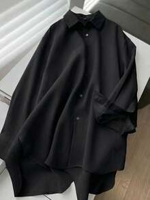 Women's Daily Commute Oversized Button Down Shirt 2026 Fall Spring Lapel Neck Long Sleeve Loose Fit Longline Shirt For Office Wear Layering Outing - Black - View 4