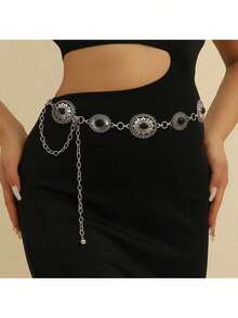 Hollow Out Bohemian Style Waist Chain, Adjustable Waist Belt With Metal Inlay, Women's Party, Cartoon Zinc Alloy Geometric Pattern Metal Belt, Wedding, Spring/Summer/Autumn/Winter - Silver - View 1