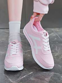 女士多功能休闲鞋，防水防滑，易清洁，圆头低帮，舒适平底，百搭运动鞋，撞色设计，复古风格，红色、绿色、黄色可选，尺码35-43（含大码） - 粉色 - 查看 15