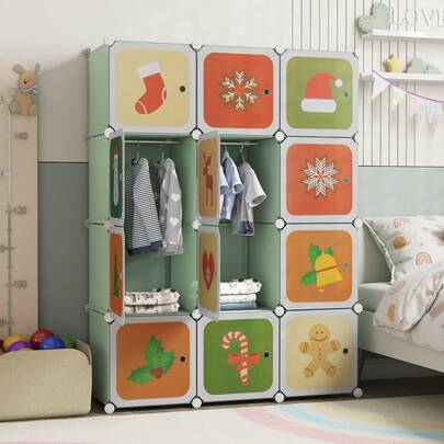  COSTWAY 12-Compartment Kids Wardrobe, DIY Easy Assembly Modular Storage Cubes With Double Hanging Rods, Christmas Themed Baby Closet Organizer For Children's Rooms, Nursery, Playroom,  Green