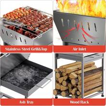 24 Inch Stainless Steel Outdoor Fire Pit With Grill 3-In-1 Wood Burning Fire Pits For Outside Square Firepit With Wood Storage And Ash Pan For Camping Patio Bonfire And BBQ - A - 查看 3