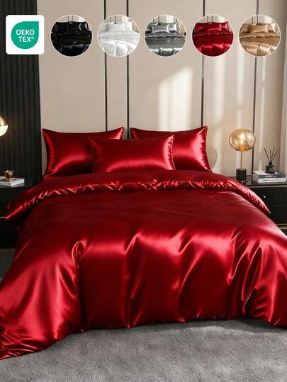 2/3pcs Solid Satin Duvet Cover Set, Red Bedding, Soft & Breathable, Wrinkle-Free For Better Sleep, Luxury Hotel Style, Suitable As Gift For Mom, Dad, Friends, Includes 1 Duvet Cover & 2 Pillow Shams, Dorm Bedding, All Season Use, Machine Washable, Home Decor, Wedding, OEKO-TEX Certified