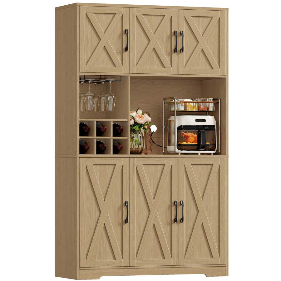 Kitchen Cupboard 41.7" X 70.9" (W X H), Kitchen Cabinets White, Pantry Cupboard With Removable Wine Rack - Maple - View 1