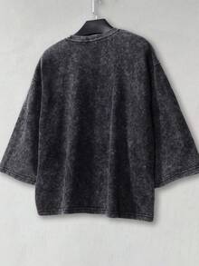 男士夏季街头时尚洛杉矶图案方领T恤，弹力水洗黑色休闲日常短款上衣 - 黑色 - 查看 2