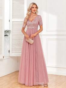 Vestido de noche rosa de línea A con cuello en V, manga corta y malla con lentejuelas, elegante vestido de gala formal, adecuado para invitados de boda, fiesta de cóctel, dama de honor, ceremonia de graduación - Rosa vieja - Ver 11