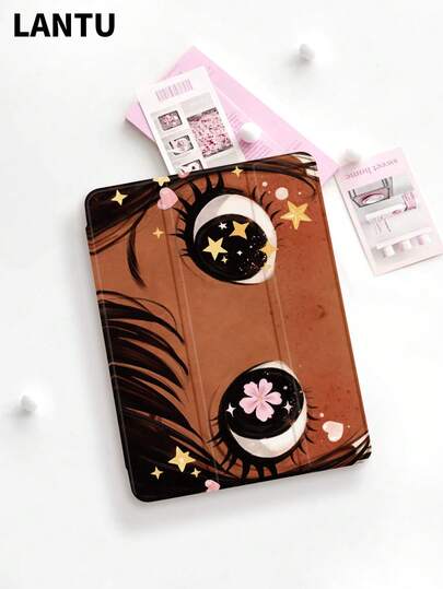 1个卡通女孩可爱闪亮眼睛插画设计平板电脑保护套，三折支架保护壳，兼容iPad 10.2英寸/iPad Pro 11英寸（2020/2021款）、(A16) 11英寸第11代（2025款）、第9/10代、iPad Air 4代（10.9英寸）、Galaxy Tab S6 Lite 10.4英寸，防摔，带笔槽，支持睡眠/唤醒功能