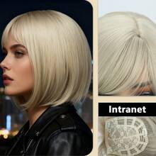 12-Inch Short Wavy Bob Wig With Bangs - Layered Golden Blonde Bob Wig With Bangs, Short Hair, Natural Ombre Golden Straight Hair, Heat Resistant Synthetic Wig Suitable For Caucasian Women - Multicolor - View 22