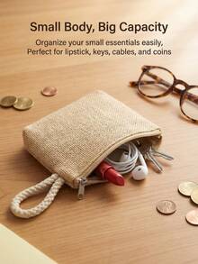 日常休闲风零钱包、口红袋、数据线收纳袋，棉麻帆布材质，礼品装 - 彩色 - 查看 2