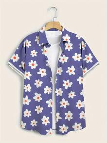 White Daisies With Orange Centers Symbolizing Joyful Energy And Summer Freedom Printed On Vibrant Blue Background 3D Floral Casual Short Sleeve Men's Shirt - 白色 - 查看 4