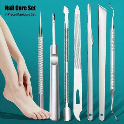 3-7pcs Stainless Steel Hand And Foot Care Tool Set | Includes Peeling Forks, Needles, Nail Files, Peeling Knives, And Toenail Trimmers For Removing Dead Skin, And Cuticles, Durable And Non-Replaceable Sandblasted Surface