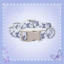 紫色蝴蝶狗项圈 - 可调节白色薰衣草印花宠物项圈，配米色扣环和银色D形环 - 可爱昆虫小狗颈带，适合小型和中型犬 - 混合色 - 查看 4