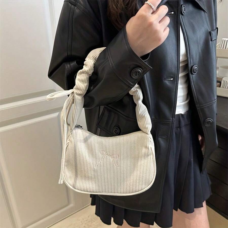 A Corduroy Ladies' Elegant Shoulder Bag Bow Embroidered Accessory - Adjustable Shoulder Strap - Zipper Closure - Polyester Lining - Single Shoulder - Handheld - Women's Cute And Compact Underarm Bag - Suitable For Various Occasions - Women's Shoulder Bag - màu đen - Xem 1