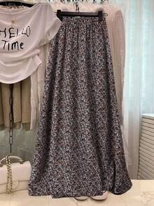 EARO 女士蓝色碎花 A 字长裙，纽扣细节设计，休闲飘逸无弹面料，适合日常穿着。高腰显瘦宽松遮臀百搭优雅长款蓝色碎花 A 字裙，春夏必备。 - 棕色 - 查看 3