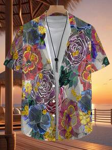 Colorful Blooming Roses And Tropical Flowers Symbolize Vitality Freedom And Optimism In Nature 3D Print Casual Short Sleeve Button Up Shirt For Men Summer Beachwear - White - View 4