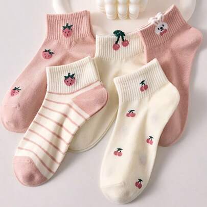 5双装女士短罗纹袜，粉色樱桃草莓兔子图案，舒适透气，休闲街头风，水果蔬菜设计，可机洗，四季皆宜，日常穿着（1/3/5双装）