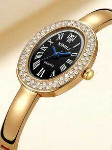 GUANQIN Elegante conjunto de collar y reloj de mujer, reloj de cuarzo con esfera de diamante oval, collar de diamante con forma de corazón, estilo de reloj de lujo minimalista de negocios y casual, adecuado para Pascua, Halloween, Navidad, Día de la Madre, cumpleaños, vuelta al colegio, estudiante, vacaciones, San Valentín, cita, negocios, diario, regalo, festival de música, temporada de bodas - Oro y negro - Ver 2