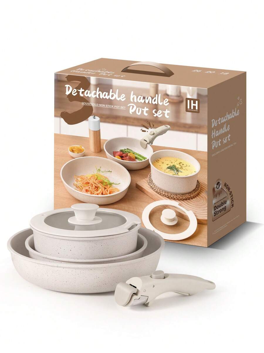 Bộ nồi chảo chống dính 5 món với tay cầm có thể tháo rời, chảo rán và nồi nấu ăn phủ lớp vân đá cẩm thạch, tương thích với bếp từ, bộ dụng cụ nhà bếp tiết kiệm không gian với tay cầm có thể tháo rời dành cho bếp ga và bếp điện. - Xem 1