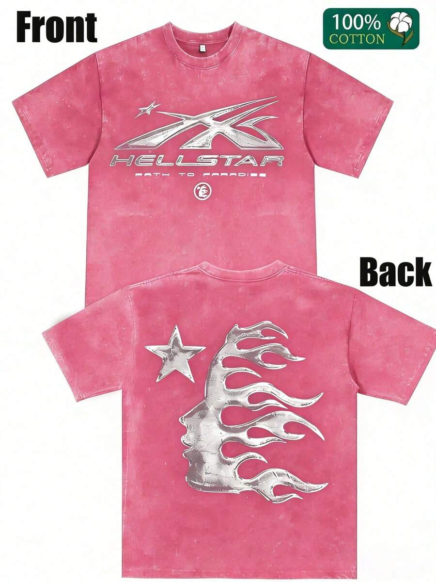 Hellstars Path To Paradise Flame Star Graphic Y2K Washed T-Shirt Double Sided Printed (230g 100% Cotton T-Shirt), Summer Clothes, Men's Tops, Casual And Comfortable, Fashionable Graphic Tee, Unisex Style - Pink - View 1