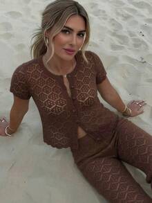 2件組女款鉤編鏤空性感無袖針織開襟衫＋長褲度假套裝，夏季鉤編鏤空兩件套 - 棕色 - 查看 4