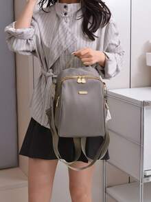 1 pieza Mochila grande de mujer de tela Oxford color negro sólido, versátil para uso diario y casual - Gris - Ver 7