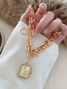 金色方形手镯式女士石英表，复古时尚气质，适合日常搭配，生日/毕业礼物，休闲聚会佳品。 - 金色 - 查看 4