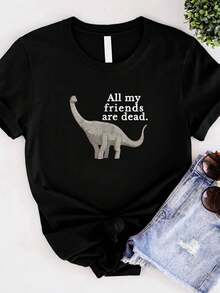 Camiseta de mujer con estampado vintage retro "Todos mis amigos están muertos" con dinosaurio, talla S-5XL - Negro - Ver 1