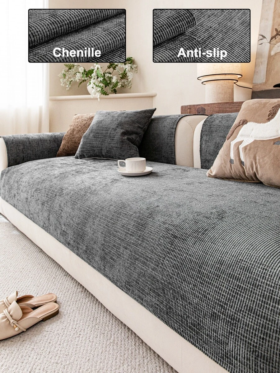 1pc Solid Color Chenille Sofa Cushion Cover, Minimalist Starry Floral Pattern, Anti-Slip Anti-Scratch Sofa Protector, Home Decor For All Seasons, Fits 1/2/3/4 Seater Sofa - Dark Grey - View 1