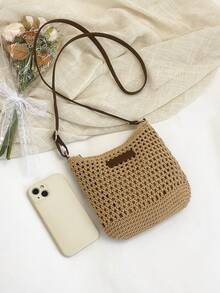 Women's Straw Shoulder Crossbody Bag, Summer Beach Bag - Khaki - View 5
